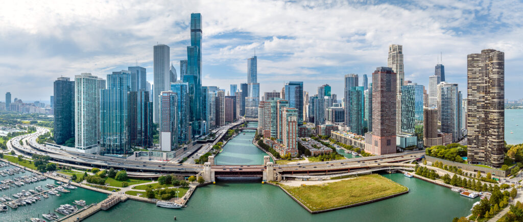 Aerial panoramic view of chicago, illinois, usa. september 24, 2023.